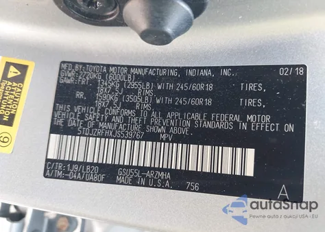 2018 Toyota Highlander Xle z USA, uszkodzony, nr VIN 5TDJZRFHXJS539767